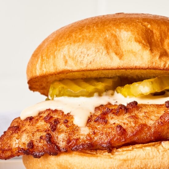 Close up of a chicken sandwich featuring Flash 180