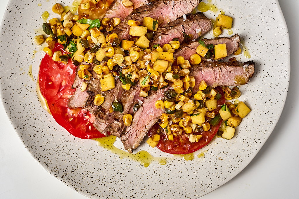 Flank Steak with Heirloom Tomatoes and Corn and Mango Relish