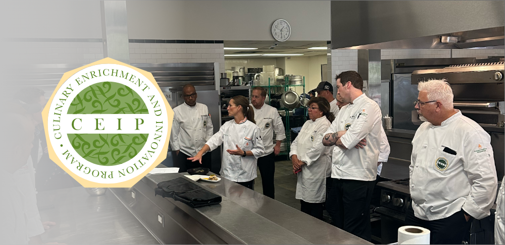 Group of chefs gathering in the kitchen with CEIP logo overlaying the image