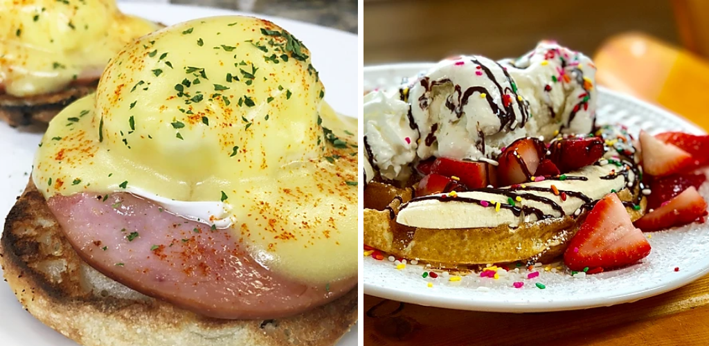 Eggs Benedict and Banana Split Breakfast