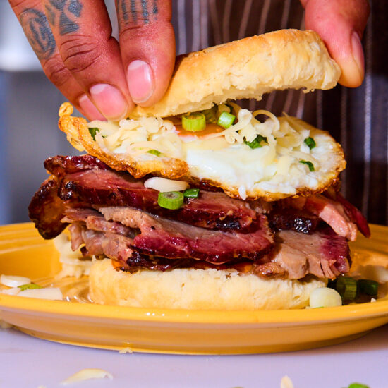 AUSTIN BLUES® Brisket served as a breakfast sandwich